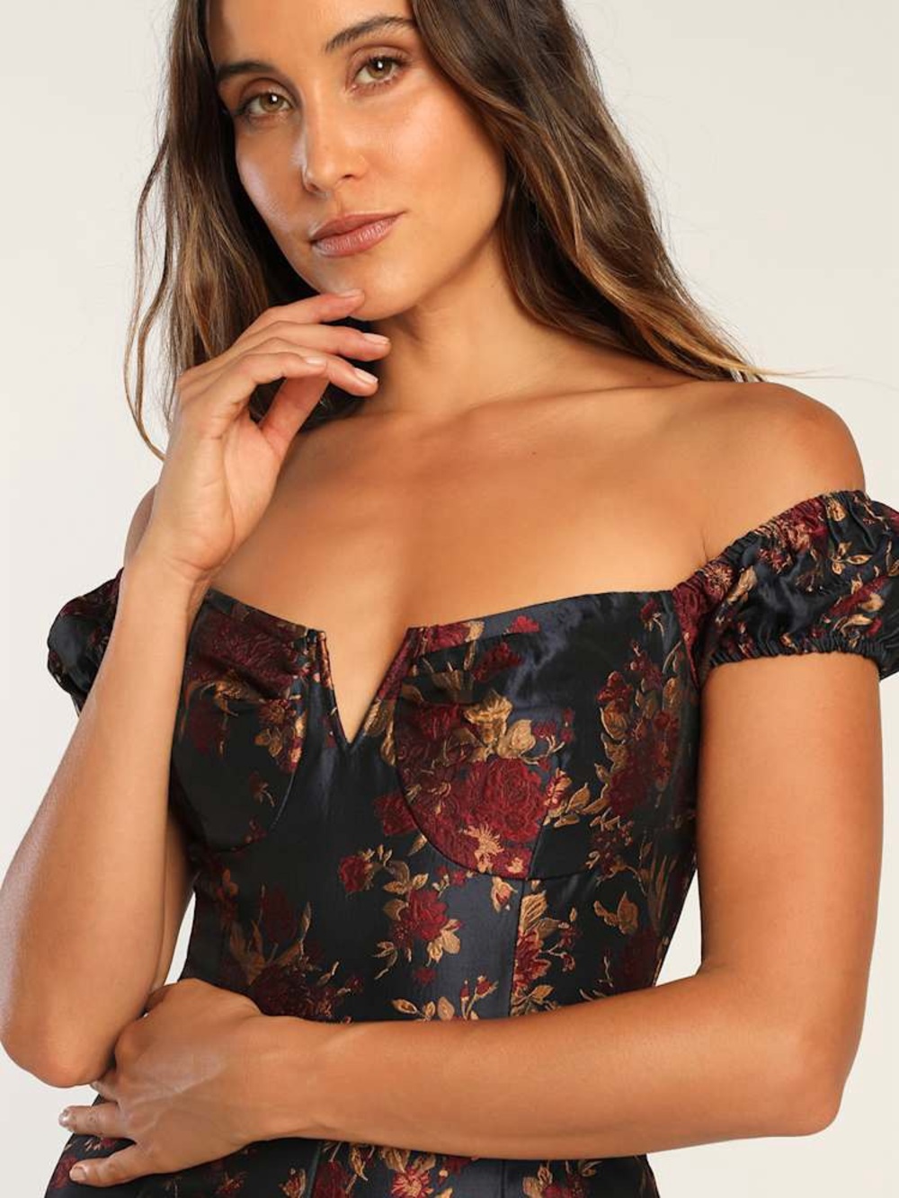 Lulus New Glam Midnight Blue Floral Jacquard Off-the-Shoulder Jumpsuit Sz S NEW - Picture 2 of 10